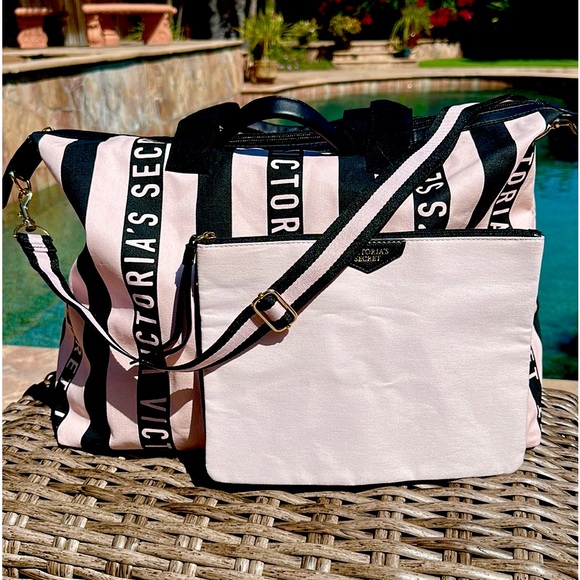 Victoria's Secret Handbags - Victoria’s Secret Pink/Black Striped Overnight Bag